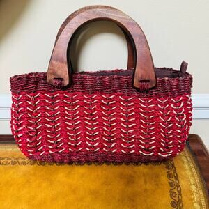 Womens Native Artisan Handwoven Sturdy Abaca Cranberry Handbag Wooden Handles